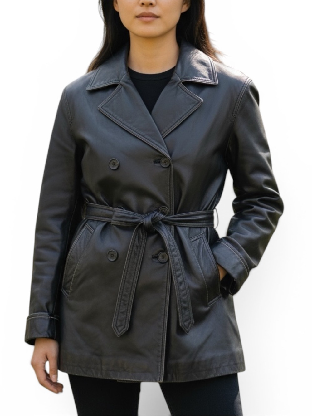 COACH Alexis Black Double Breasted Leather Short Trench Coat Jacket Sz S